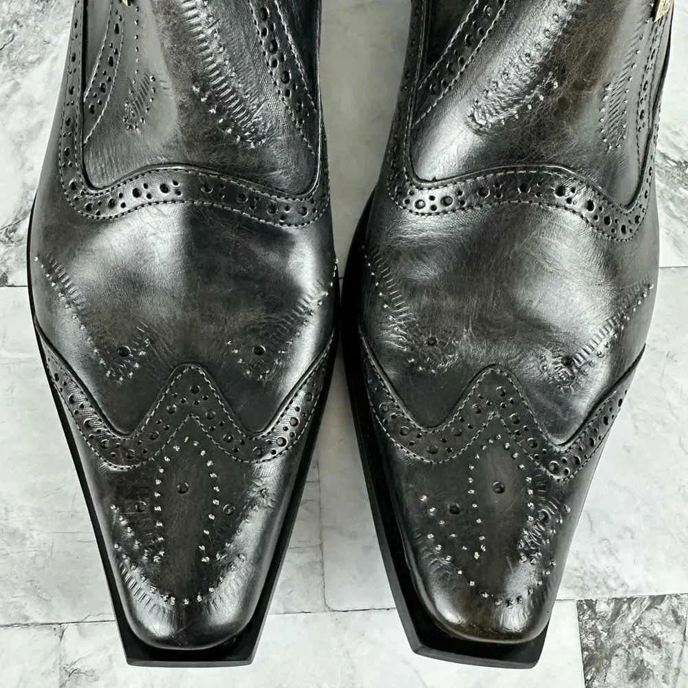Black Leather Wingtip Ankle Boots with Side Zip